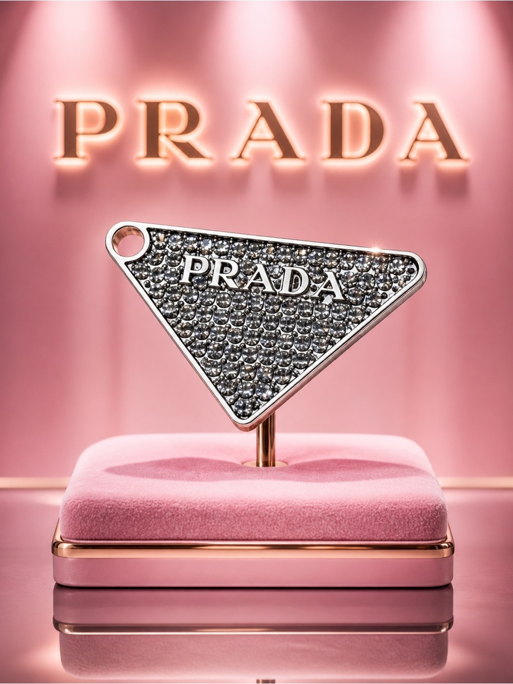 Prada stamped Silver and crystalTriangle Pendant/ charm/ zipper pull